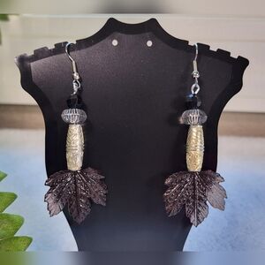 ARTISAN Smokey Maple Leaf Beaded Statement Dangle Earrings / Pierced